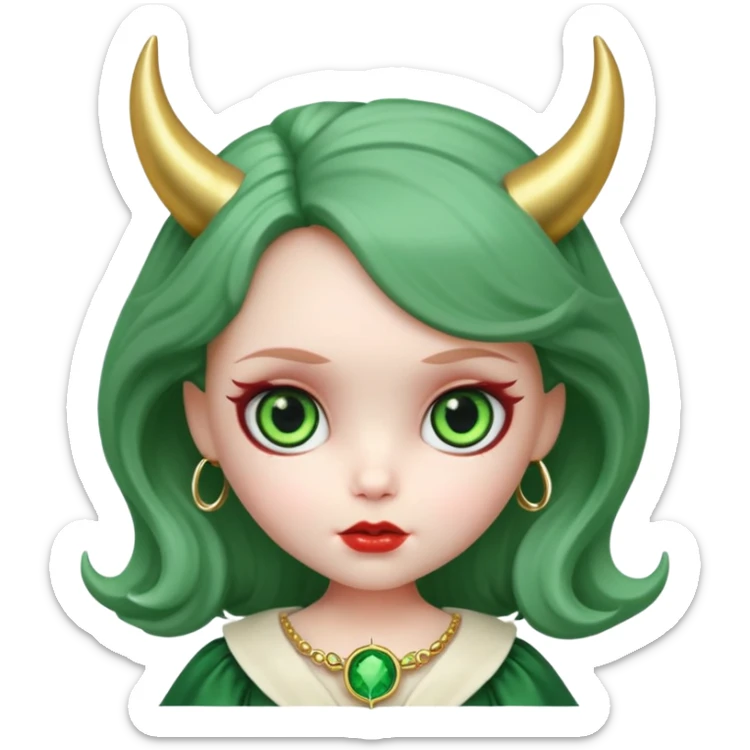 A Blythe doll with big green eyes and devil horns and a halo  sticker