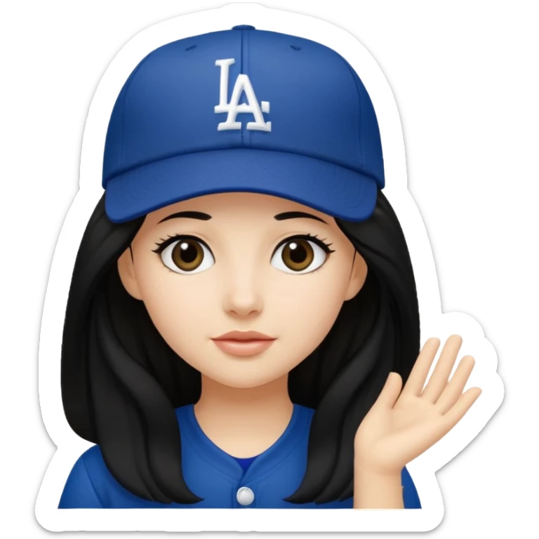 Can you make an emoji of a girl with fair skin with black long hair wearing an LA dodger hat sticker