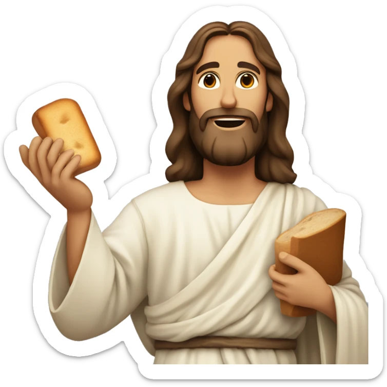 Jesus offering a loaf of bread with one hand and a glass of water with the other sticker