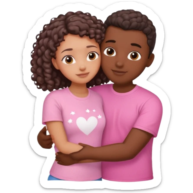 couple cuddling. Girl with dark skin, long curly hair, wearing a pink top. Guy with light skin, buzz cut, in a white T-shirt. He hugs her from behind. Cute, pastel, soft vibe with hearts or stars in the background. sticker