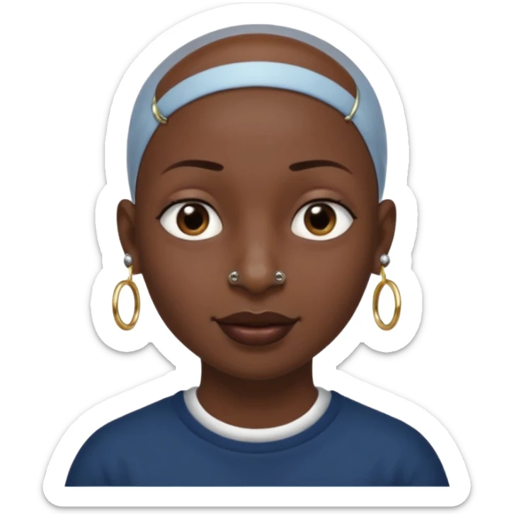 Make a emoji of a person with dark skin and has a nose ring and has a bunch of small earrings and a big earring and who has a tiny bit of hair and who has a gap between her two front teeth and with no hair sticker