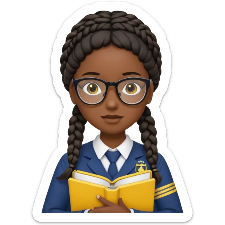 Girl student wearing uniform, glasses, hold yellow book in front of their chest, black braided hair, dark skin sticker
