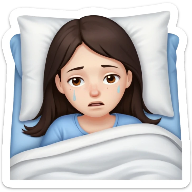 girl with long dark brown hair brown eyes and pale skin with acne crying in bed tired sick sticker