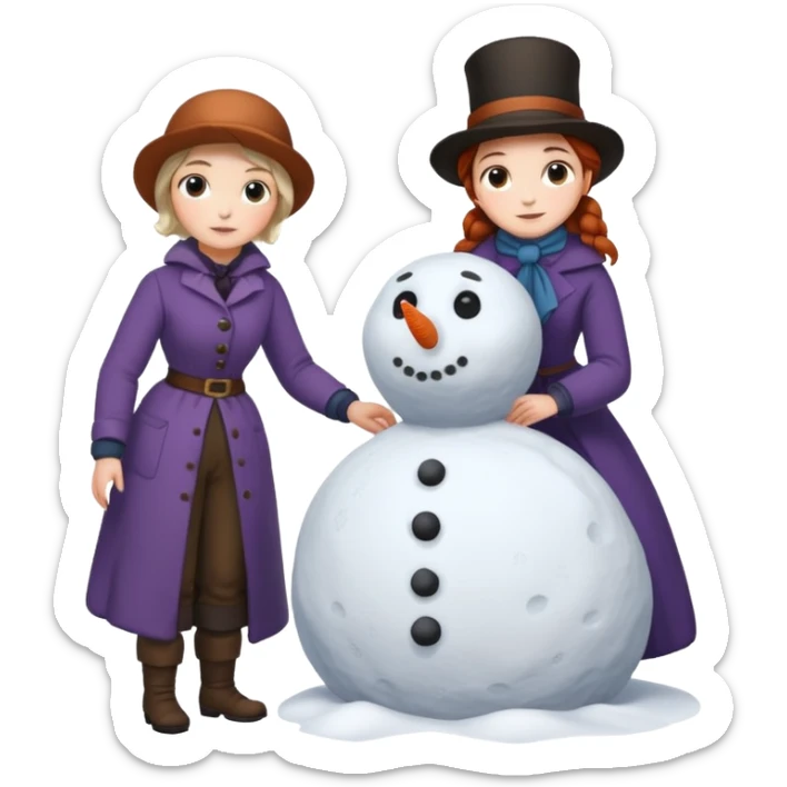  young Virginia Poe and  eldely Maria Clemm  full body building a snowman  1800's sticker