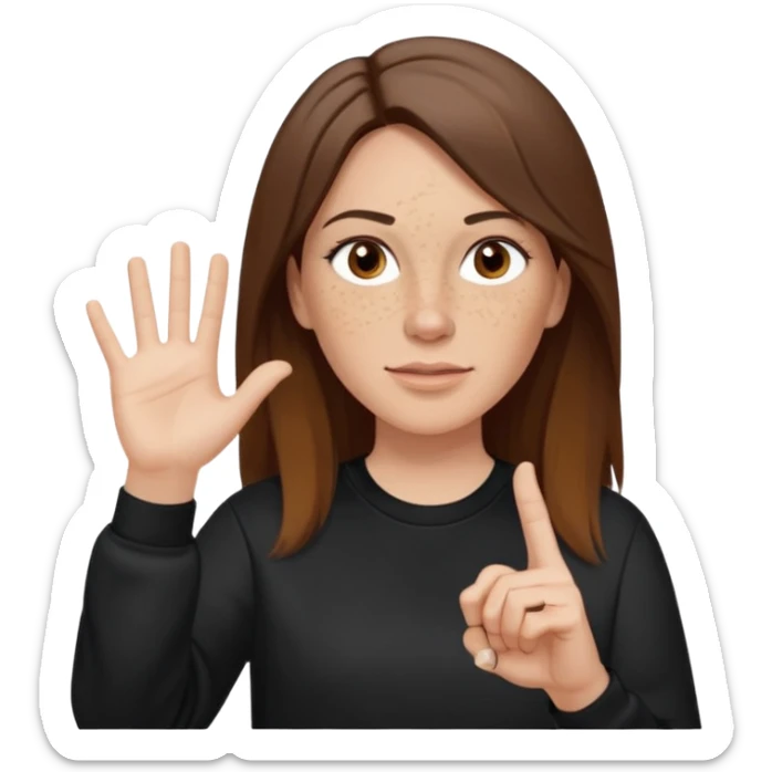 A 38 year old white woman with long brunette hair parted in the middle. She has her nose pierced. Her nose is medium sized. She has brown eyes. She has freckles and is wearing a black sweatshirt and is making the rock on sign with her hand sticker