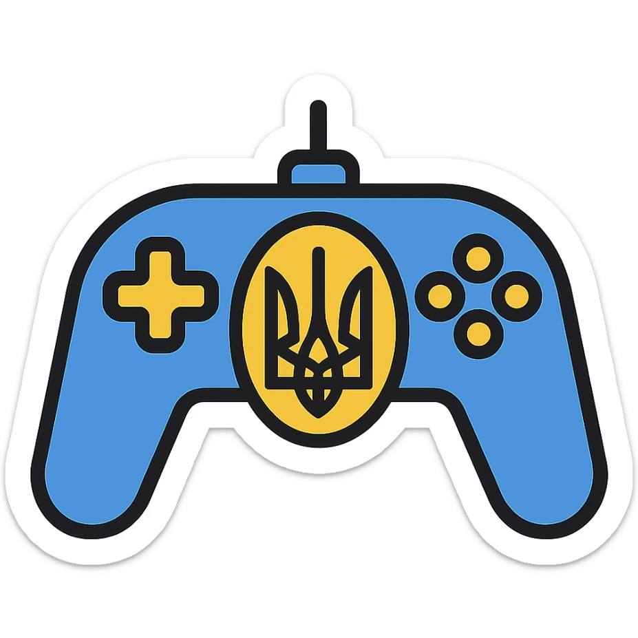 Ukrainian coat of arms on a gamepad, icon style, blue and yellow colors sticker