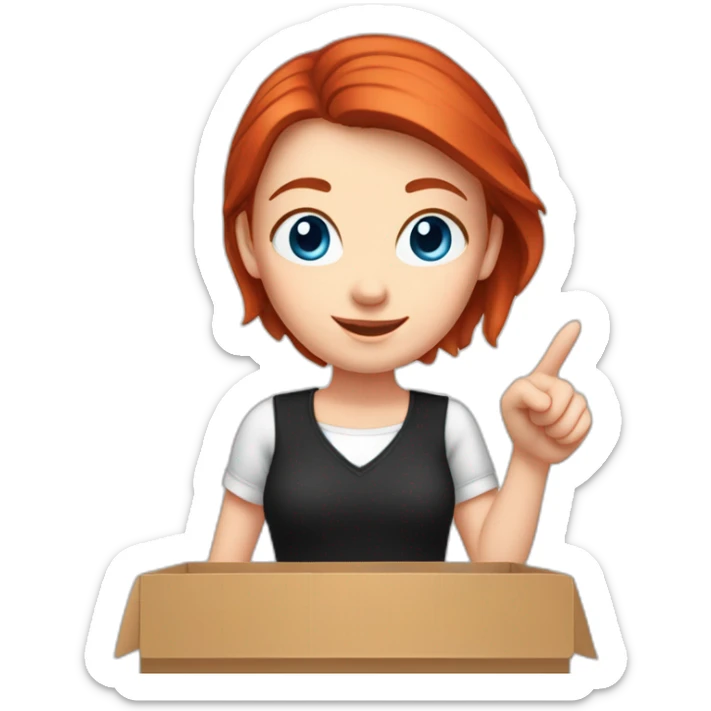 white-girl-red-hair-blue-eyes-black-blouse-pointing-to-a-box-to-her-right sticker