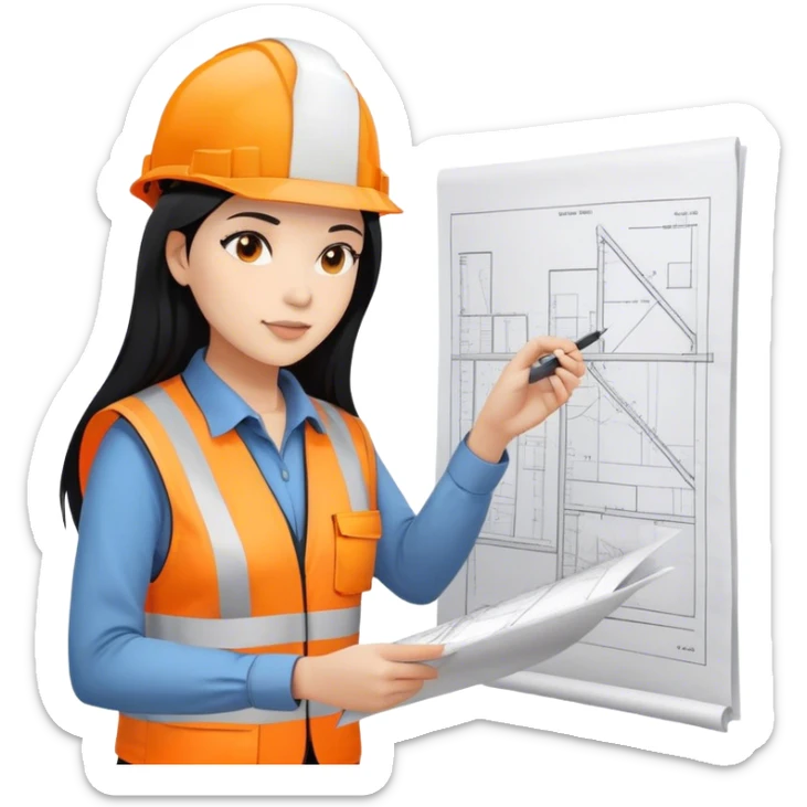 Female civil engineer with long black hair wearing white helmet and an orange safety vest looking at A3 drawing plan on her hand  sticker