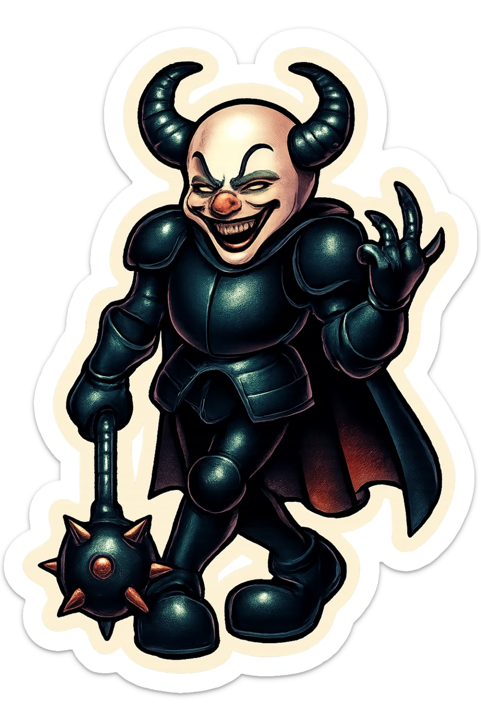 A sinister armored clown with no hair, ram horns pointing up, glossy black on matte black armor, short cape, large black clown shoes, standing with legs crossed, one arm down holding an oversized spiked mace, the other hand gesturing with a clawed hand, eyes barely open, evil smile, vibrant retro stickers style, no yellow aged tint, full body, transparent background, reference images included sticker