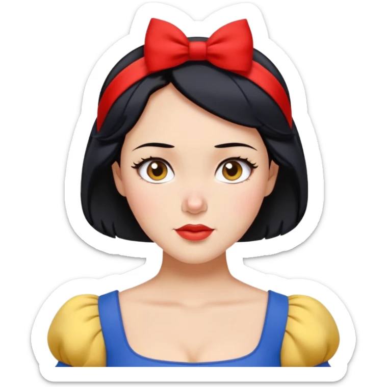 Snow White from hips up, blue top with yellow skirt, short black hair with red headband, minimal style but clearly recognizable sticker