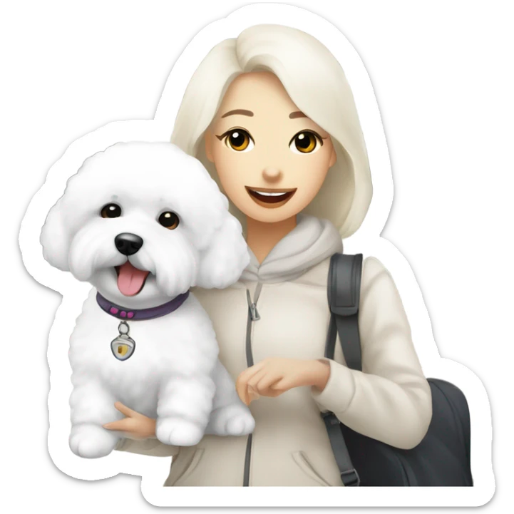 A cute korean style bichon frise with a Asian woman at the airport  sticker