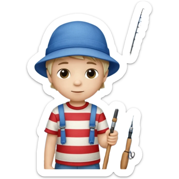 Little boy on the dock fishing, felt texture, scrapbooking, precious moments style character sticker