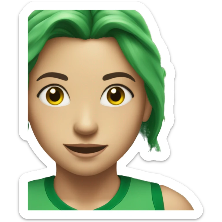 A woman in a green sports top with long green hair smiles broadly. Green eyes. Freckles sticker