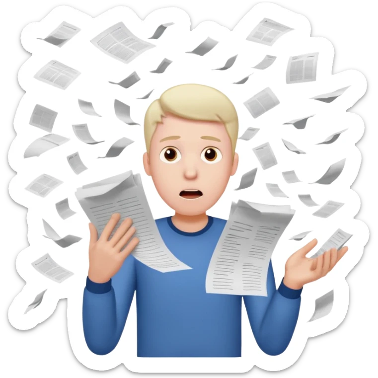 A man with a bunch of lists, they fly out of his hands. He's in shock sticker