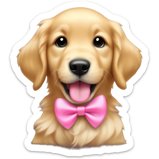 Golden retriever puppy with a pink bow on its ear and sticking its tongue out sticker