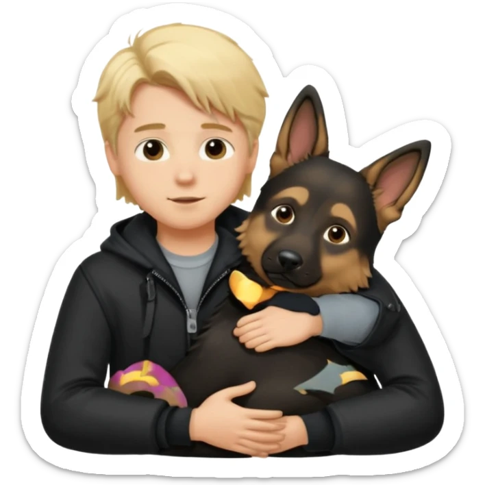 Garoto loiro fofo e cabelo comprido usando uma jaqueta preta abraçando um cachorro pastor alemão  sticker