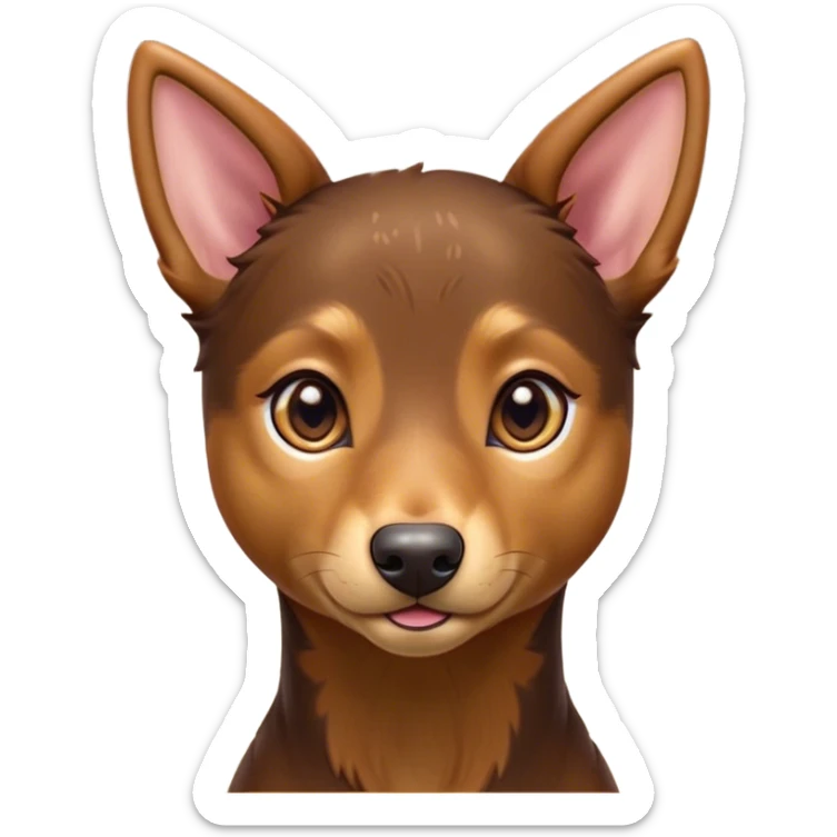 Cinematic Cute Brown and Tan Kelpie Portrait Emoji, Head tilted playfully and inquisitively, featuring a glossy brown Fur with vibrant tan accents, round, sparkling warm eyes filled with curiosity, Simplified yet irresistibly adorable features, highly detailed, glowing with a warm, friendly glow, high shine, affectionate and spirited, stylized with a touch of whimsy, bright and endearing, soft glowing outline, capturing the essence of a mischievous yet loving herder, so playful it feels like it could leap out of the screen and into your arms! sticker