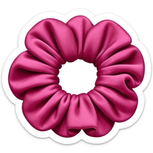 emoji of an isolated velvet scrunchie in a rich pink-red color, plush soft texture with deep velvety shading, gathered fabric folds, fashion accessory, no person, no hair, not worn, smooth warm lighting, clean rounded shape sticker