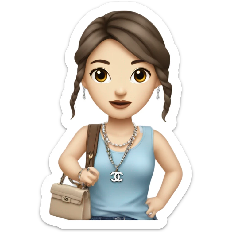 Realistic brown hair blue eyes Chanel Asian Girl with Birkin bag and Chanel necklace sticker