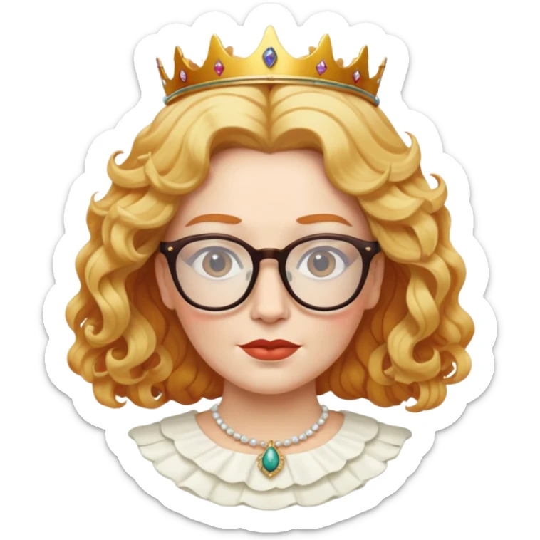 create an emoji of a queen, with glasses,  white skin, wavy hair in a tone somewhere in between blond and ginger sticker