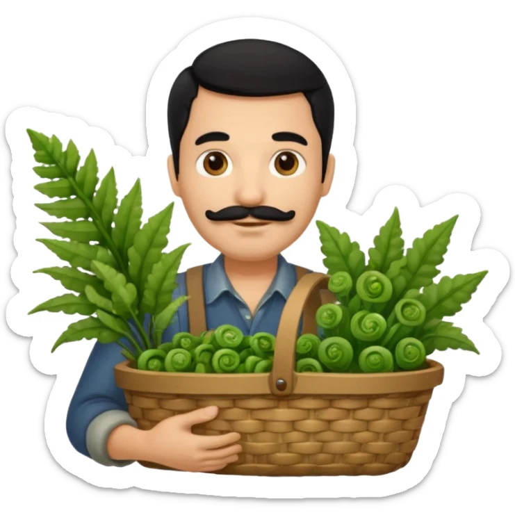farmer emoji with black hair, moustache, and light beard, holding a basket of fiddlehead ferns, inspired by the attached reference photo sticker