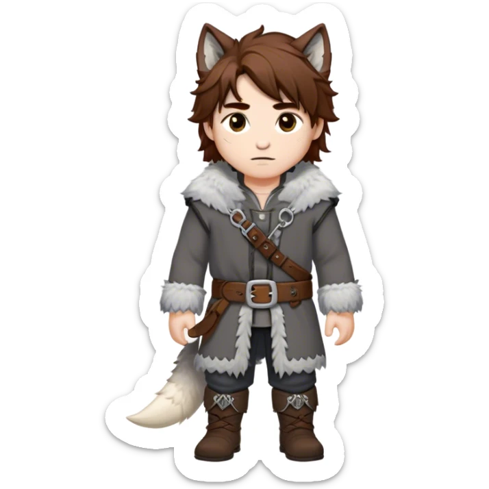 Medieval winter outfit worn by a DnD themed fantasy male character. Heavy slate gray wool tunic with wolf fur trim, featuring carved bone toggles and a wide leather belt with iron buckle. Clothes only above the waist, full waist coverage. The character has no arms. Character is white-skinned with dark copper hair, hazel eyes, and medium-length tousled hair with snow-touched strands. sticker