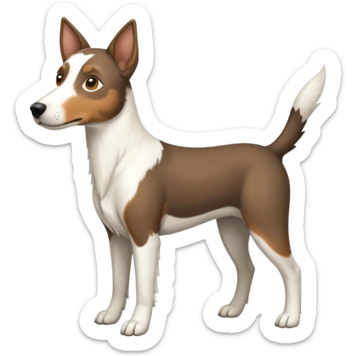 a full body large white floppy eared parson russell looking dog the size of a kelpie with light brown ears and a light brown patch on one eye and a large snout sticker