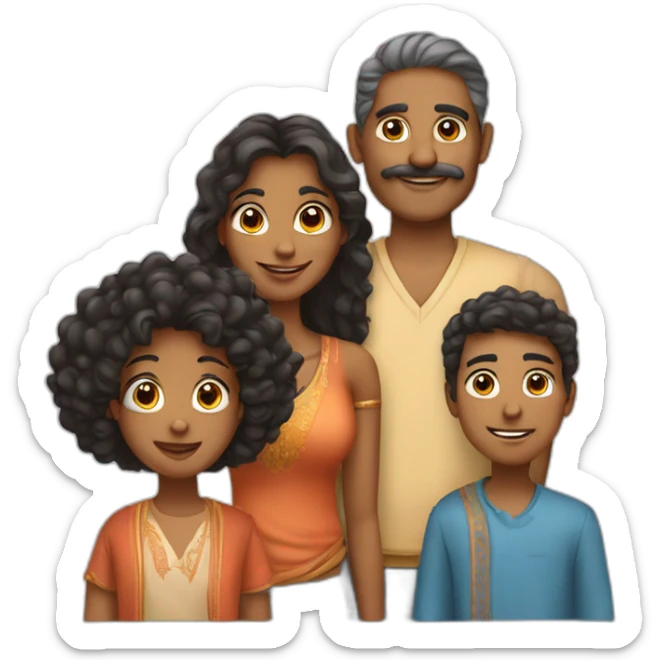 indian family with one dad and one son straight hair and one mom and one daughter curly hair sticker