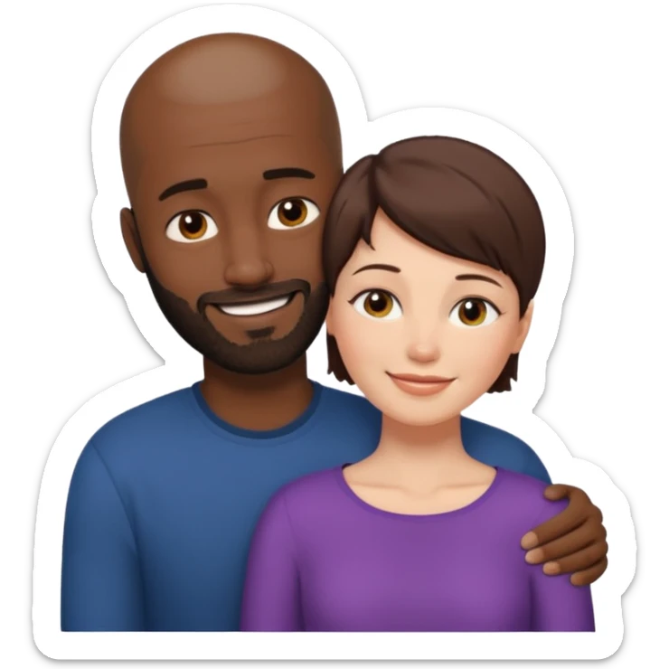 there is a white woman with short brown hair and a black man with no hair and a beard. The woman puts her head on the man's shoulder sticker