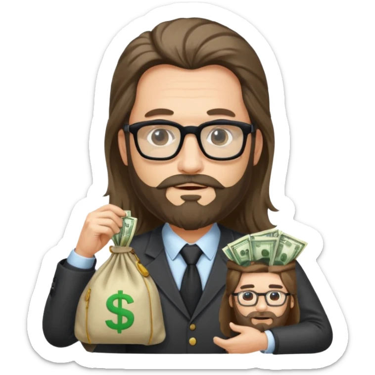 Un emprendedor (emoji con ordenador) de unos 50 años con barba y pelo largo más gafas de pasta y con un icono de ordenador y una bolsa de dinero sticker