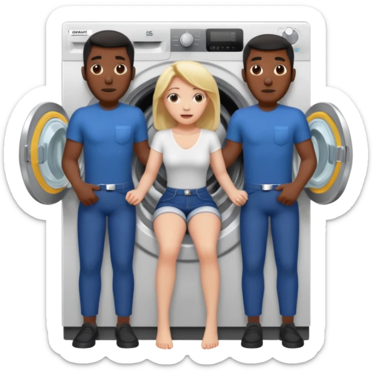 Eine Frau steckt bis zum Bauch in einer Waschmaschine fest und nur die Beine gucken raus und zwei schwarze männer ziehen an ihren Beinen um sie raus zu holen  sticker