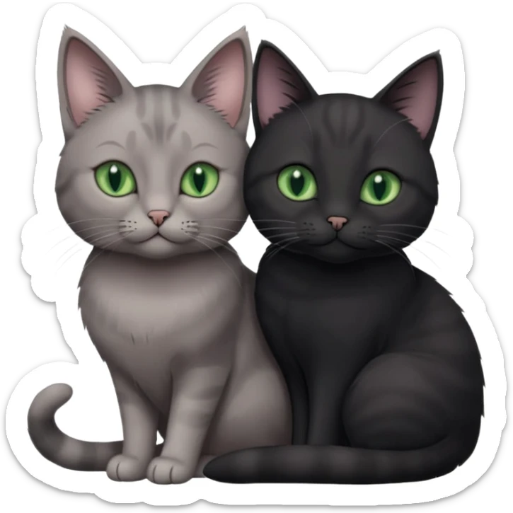 1 regal looking grey cat with pastal green eyes and 1 black with green eyes cat cuddling sticker