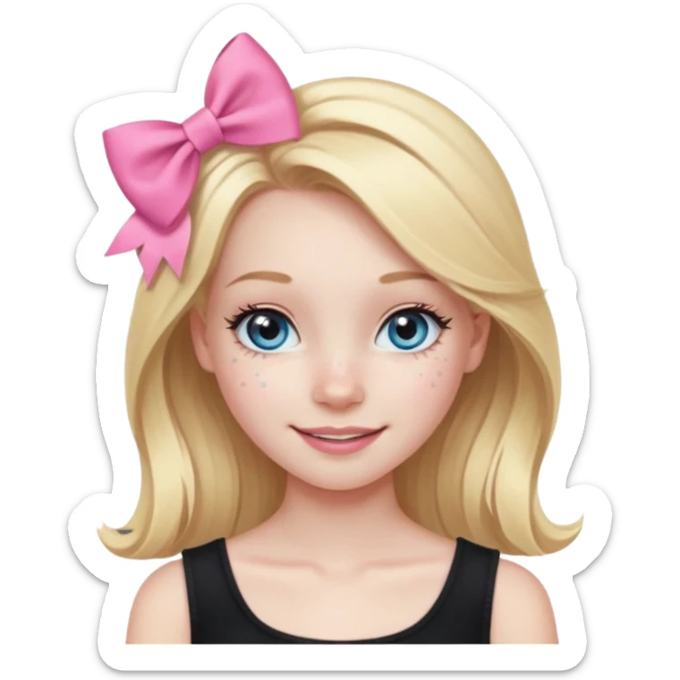 A blonde girl, teen, pale skin, freckles, light blu eyes, lashes, smiling, black top, pink coqquete bow in hair sticker