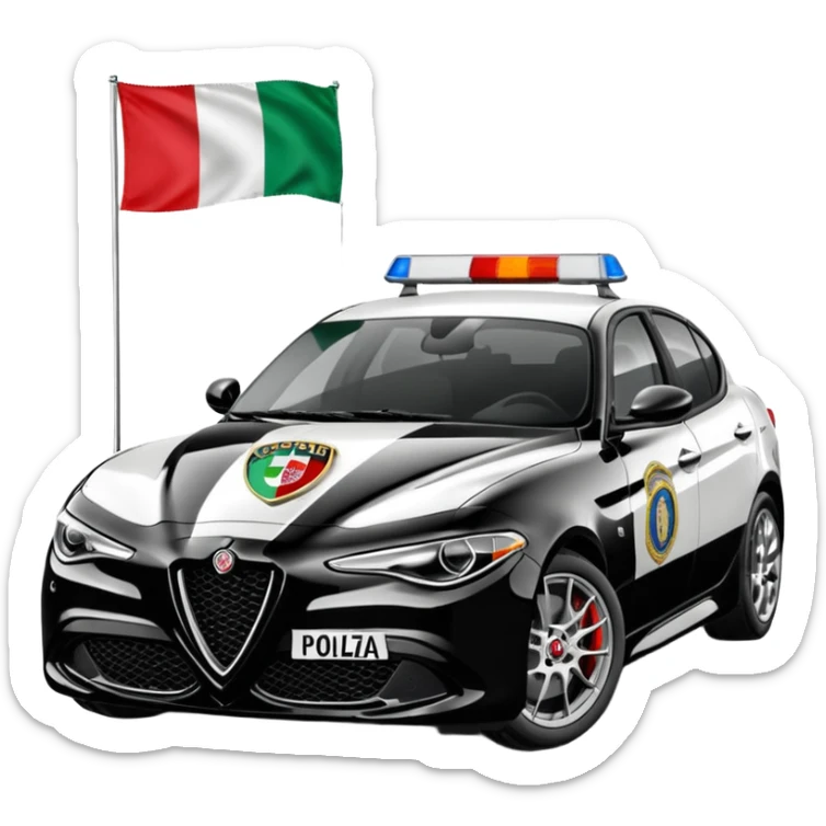 crea auto di servzio alfa romeo giulia colore nero con la scritta polizia penitenziaria e la bandiera italiana sticker