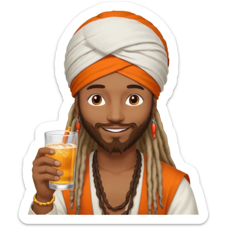 Brownskin man with long dreadlocks add a white turban on his head orange shirt drinking alcohol sticker
