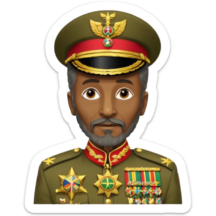 Create an emoji of an Older Haile Selassie African king wearing his ceremonial military uniform adorned with numerous medals, orders, and a sash. sticker