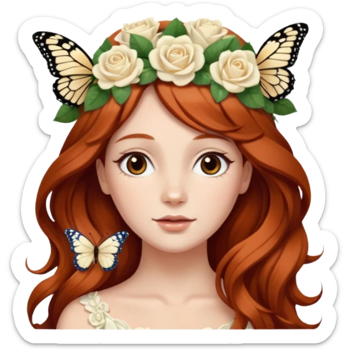 Woman with long flowing auburn hair wearing a flower crown with white and cream colored roses and butterflies in it sticker