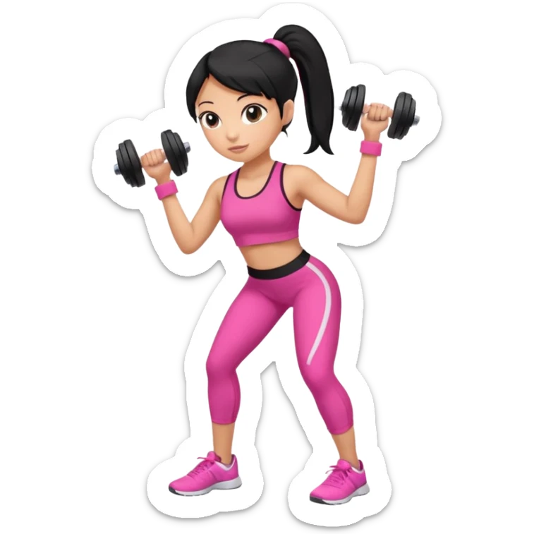 A tan girl with black hair in a ponytail. Wearing a pink gym set. Picking up dumbells sticker