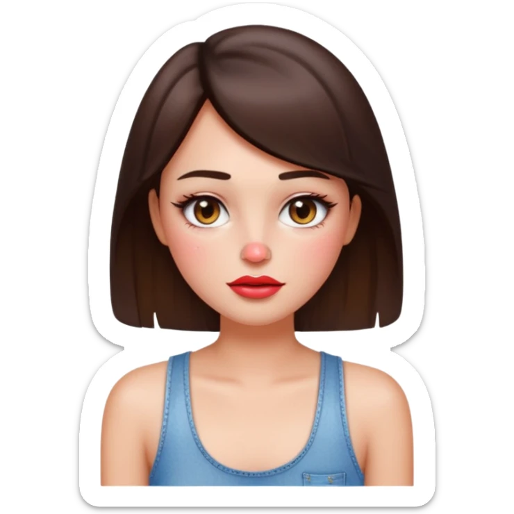 “Emoji brunette girl white tanktop, dewy skin, heavy blush across cheeks and nose bridge, glossy cherry lips, soft eyeliner, teary sparkling eyes like hanni from new jeans sticker