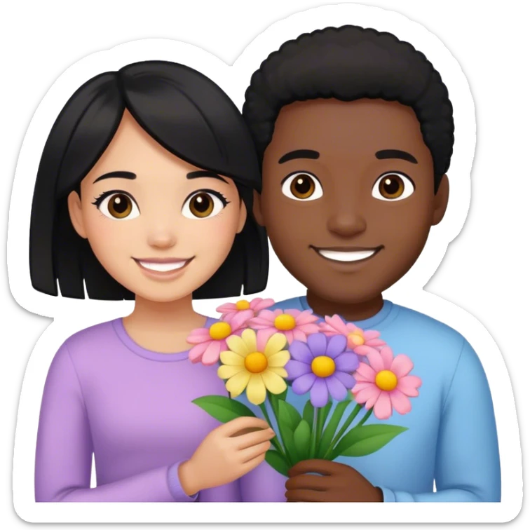Black guy given light skinned girl with black hair, pastel flowers and they’re happy sticker