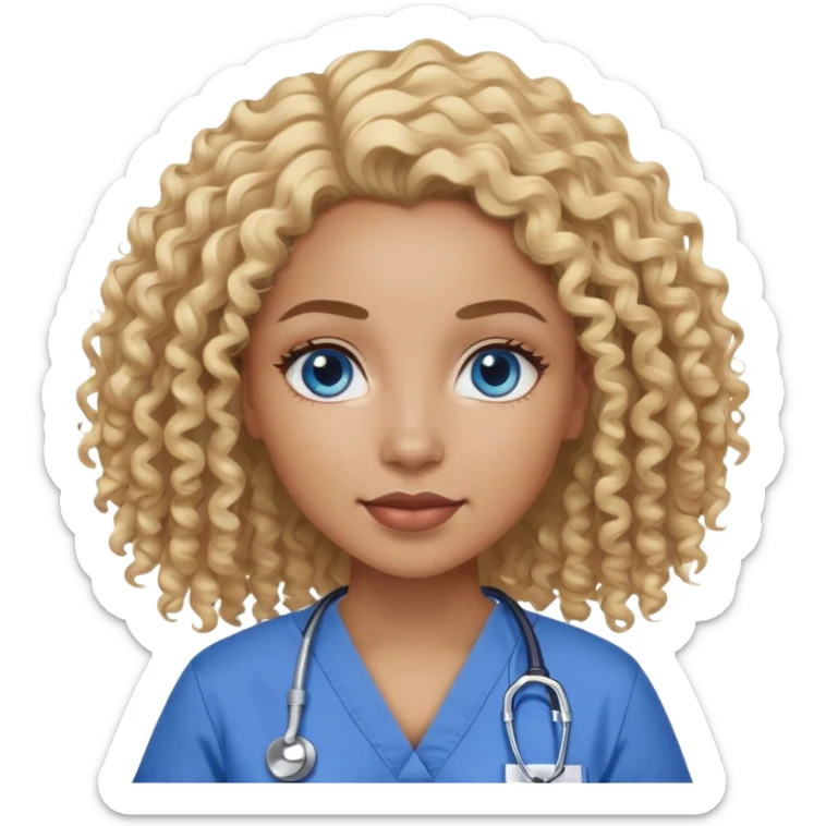 African American woman with curly blonde hair and blue eyes in scrubs sticker