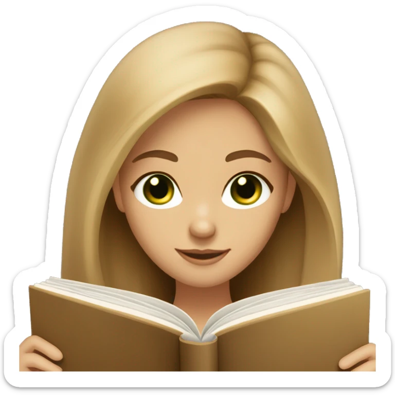 A light brown long haired girl, light skin color, dark green eyes, pretty reading a book  sticker