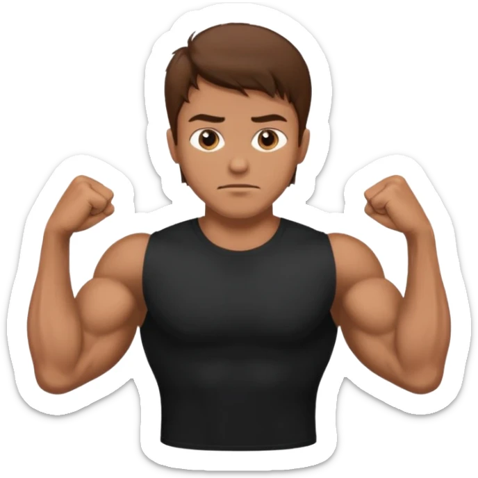 man with brown hair who is strong wearing black t shirt not smiling muscles sticker