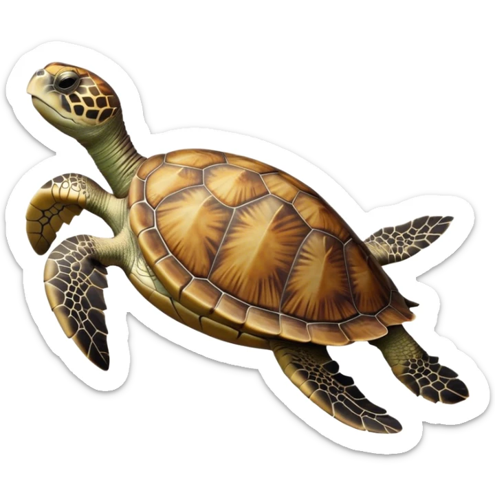 Cinematic Realistic Noble Sea Turtle Portrait Emoji, Poised and dignified, with a robust, time-worn shell intricately patterned in earthy tones and a weathered, wise face with deep, observant eyes, rendered with lifelike texture and natural, diffused light; high shine, intelligent and serene, styled with an air of oceanic majesty, focused and attentive, soft glowing outline, capturing the essence of a watchful and confident sea turtle that appears to glide out of the screen with timeless authority! sticker