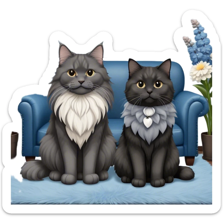 A large black smoke Maine Coon cat with long grey ear tufts and a fluffy grey ruff, sitting next to a chubby British Shorthair cat in blue color with plush fur, both sitting comfortably on a leather sofa. Beautiful room background with flowers and soft lighting. Transparent background. sticker
