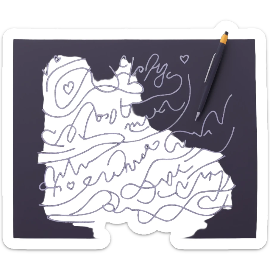 A hand furiously scribbling on a piece of paper with a pen or pencil. The paper is messy with random lines and doodles sticker