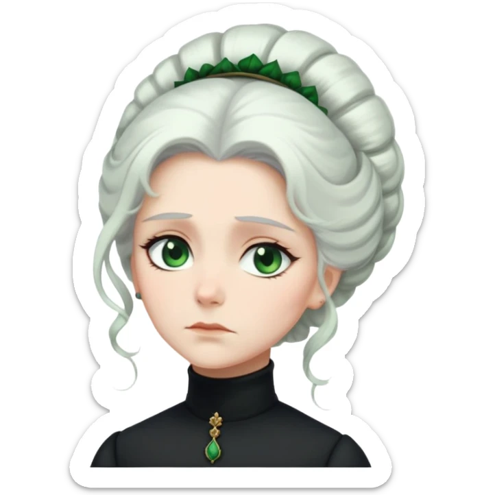 A Victorian woman with elegant coiffed white hair and green eyes wearing a modest black turtleneck mourning dress looking down with a forlorn expression sticker