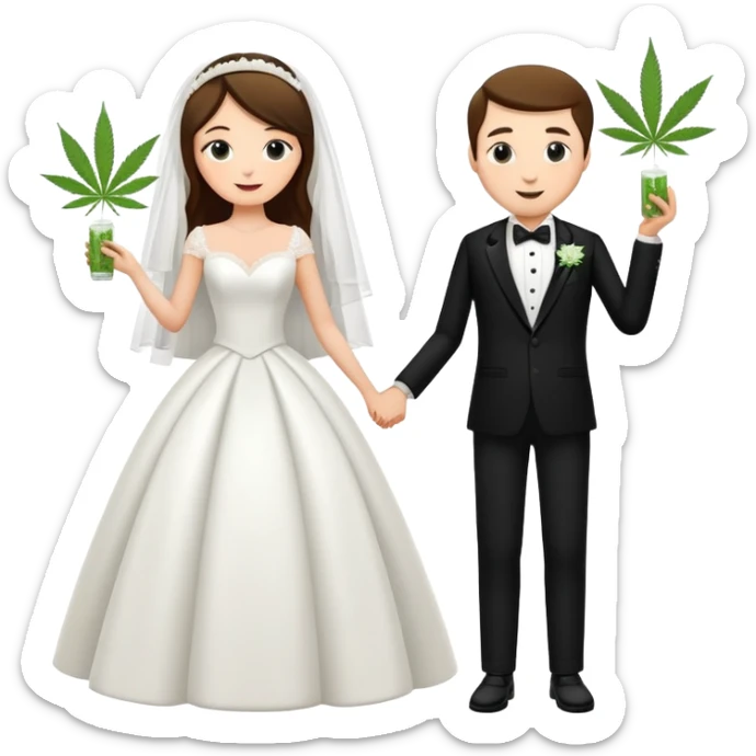A bride in white wedding dress and groom in tuxedo, full body, sharing cannabis, wedding couple, different pose sticker