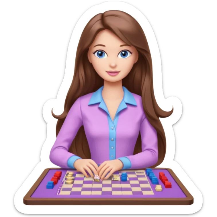 beautiful barbie girl with long brown hair, blue eyes and wearing light purple clothes playing board games sticker