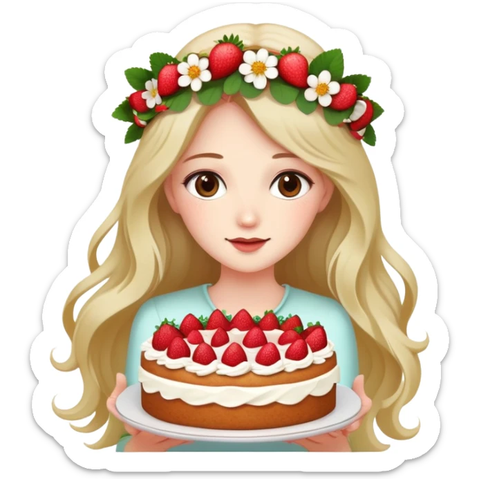 A beautiful girl with long hair and a wreath holding a strawberry cake sticker